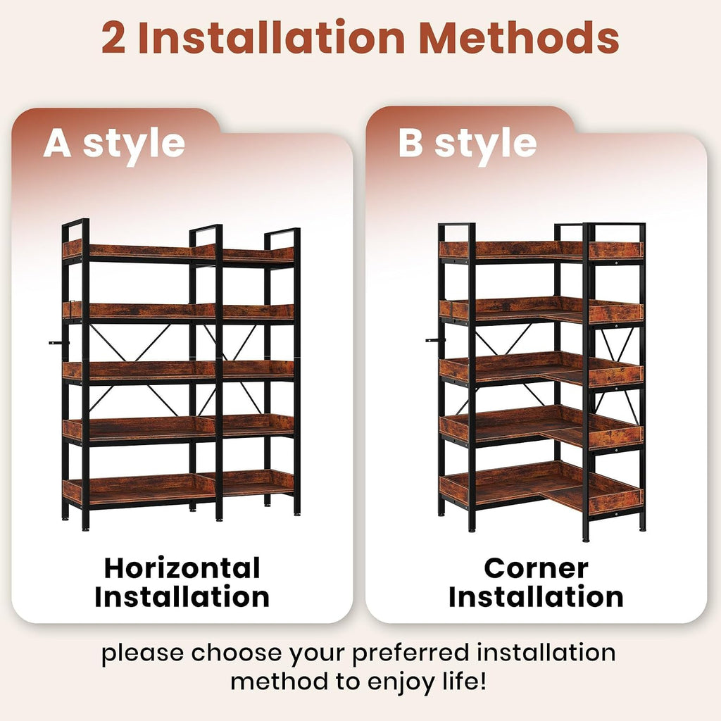 GarveeLife 5-Tier Corner Bookshelf, L-Shaped Reversible Bookshelf, 65' Industrial Wooden Bookcase with Open Shelves, Metal Frame Shelf with Adjustable Feet, Corner Storage Rack for Home Office