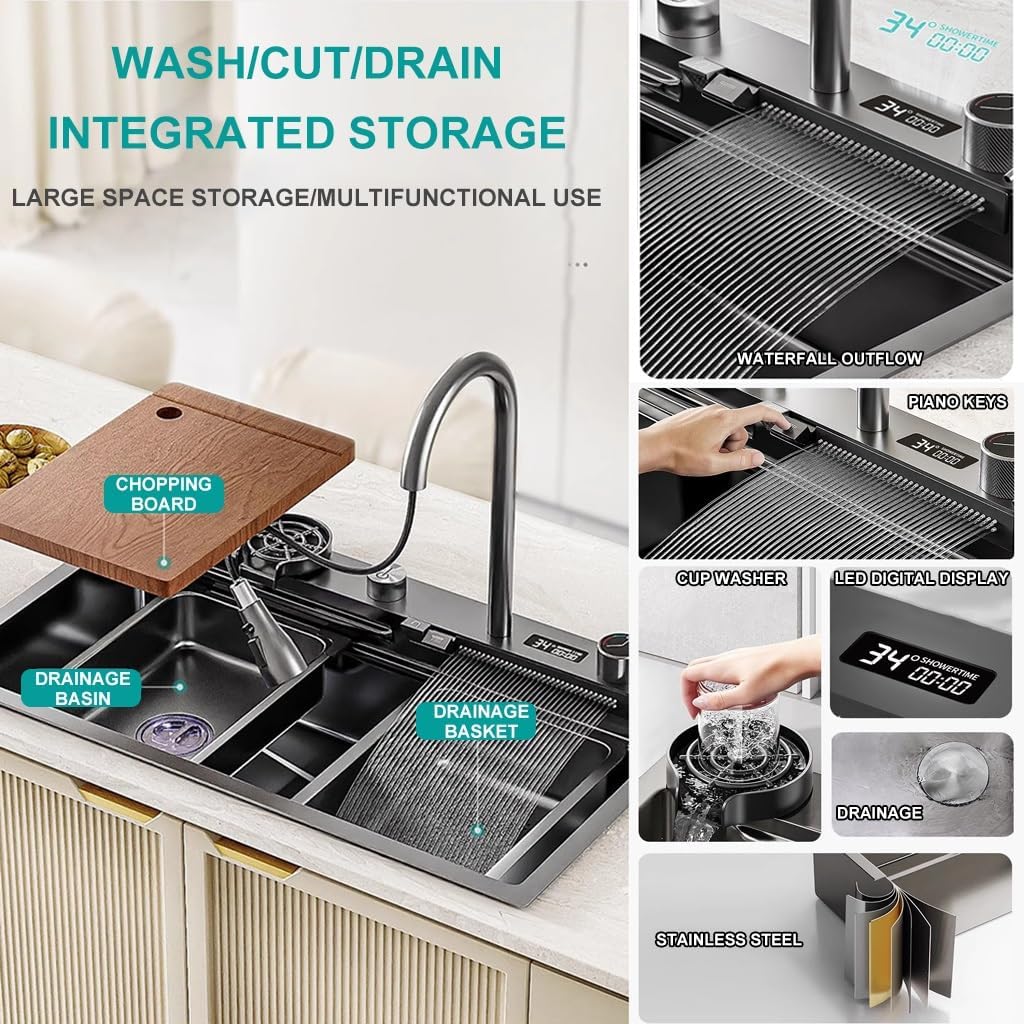 Stainless Steel Waterfall Kitchen Sink Single-Bowl Kitchen Sink with Three-in-one Pull-Out Faucet LED Digital Display Screen Pressurized Cup Washer (Black-75x46x22cm