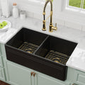 33' Black Ceramic Porcelain Kitchen Sinks, Apron Front Farmhouse Sink with Gold Accessories, Deep Double Bowl Sink for Farm Barn Basin, 33'x18'x10'