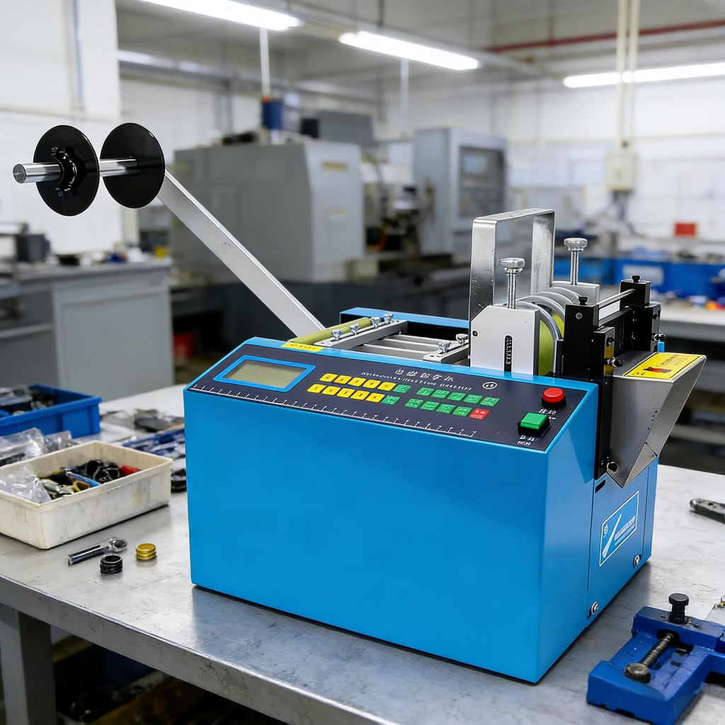 Automatic Heat Shrink Tube Cutting Machine Electric Tube Cable Pipe Cutter Industrial Fiberglass Sleeving Cutter with LCD Display & Micro Computer Control, Cutting Width 0-100mm, Accuracy 0.1mm