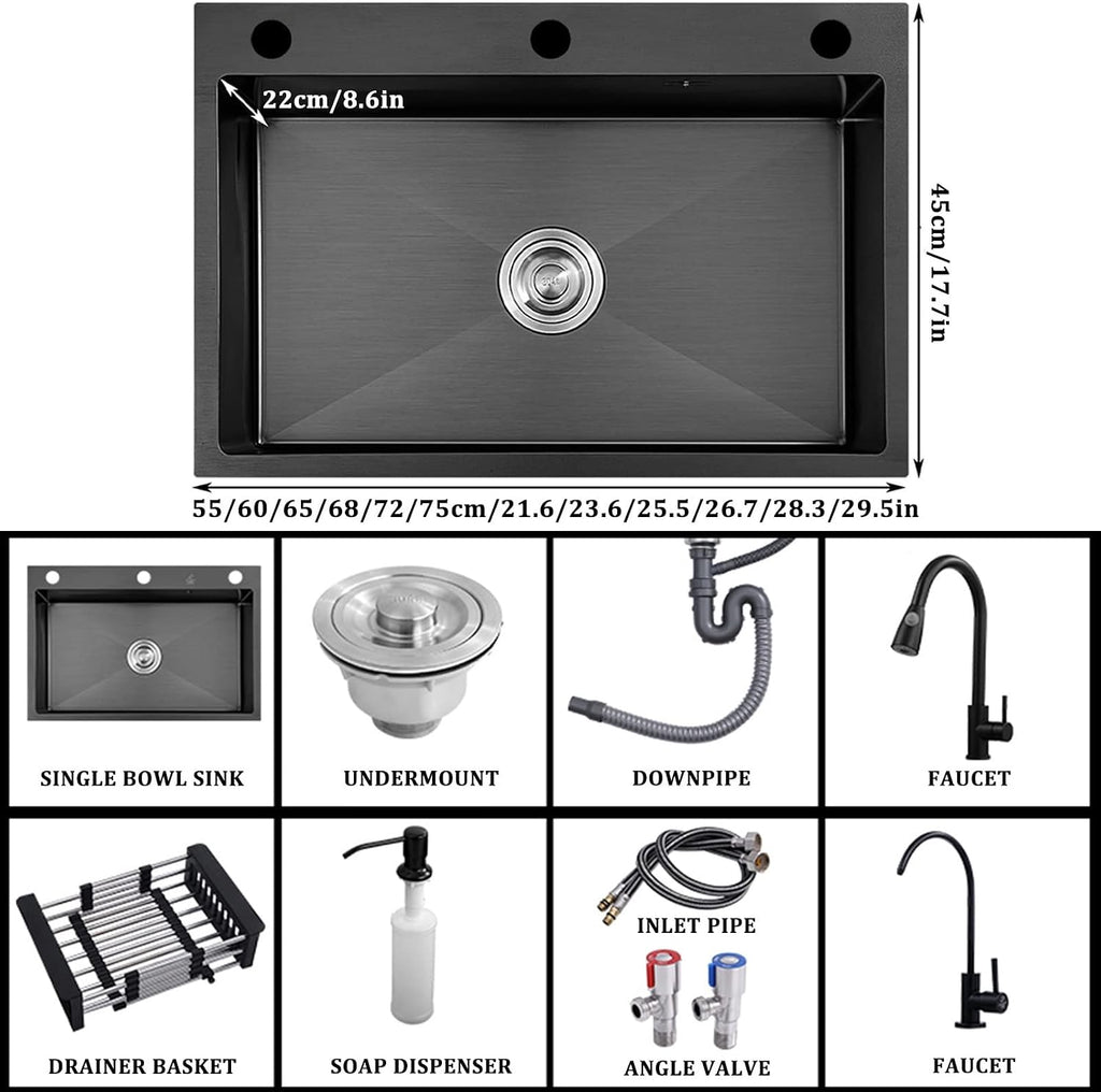 304 Stainless Steel Single Bowl Kitchen Sink Square Nano Bar Sink Multi-functional RV Sink with Faucet and Drainage Assembly Top Mount Or Under Mount (Color : Black-a, Size : 72x45x22cm) (Blackb 7
