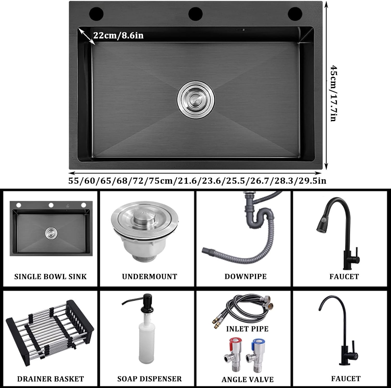 304 Stainless Steel Single Bowl Kitchen Sink Square Nano Bar Sink Multi-functional RV Sink with Faucet and Drainage Assembly Top Mount Or Under Mount (Color : Black-a, Size : 72x45x22cm) (Blackb 7