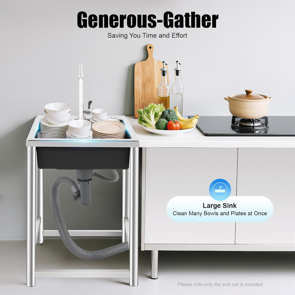Utility Sinks Commercial Stainless Steel Sink Freestanding Triple Bowl Kitchen with 2 Cold and Hot Water Faucets Hoses Drain Kit Indoor Outdoor for Kitchens Garage Laundry Room