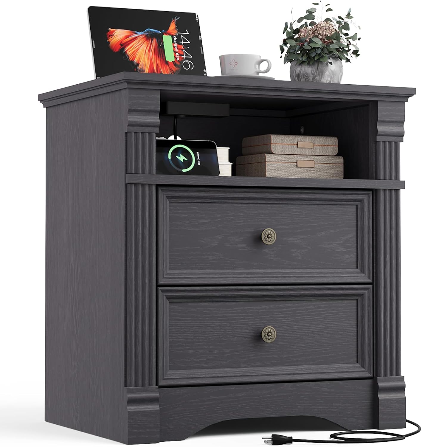 Grey Nightstand with Charging Station, Farmhouse Bedside Table, End Table with 2 Drawers and Chic Wood Pilasters Design, Wood Side Table with Metal Handles for Bedroom, Living Room