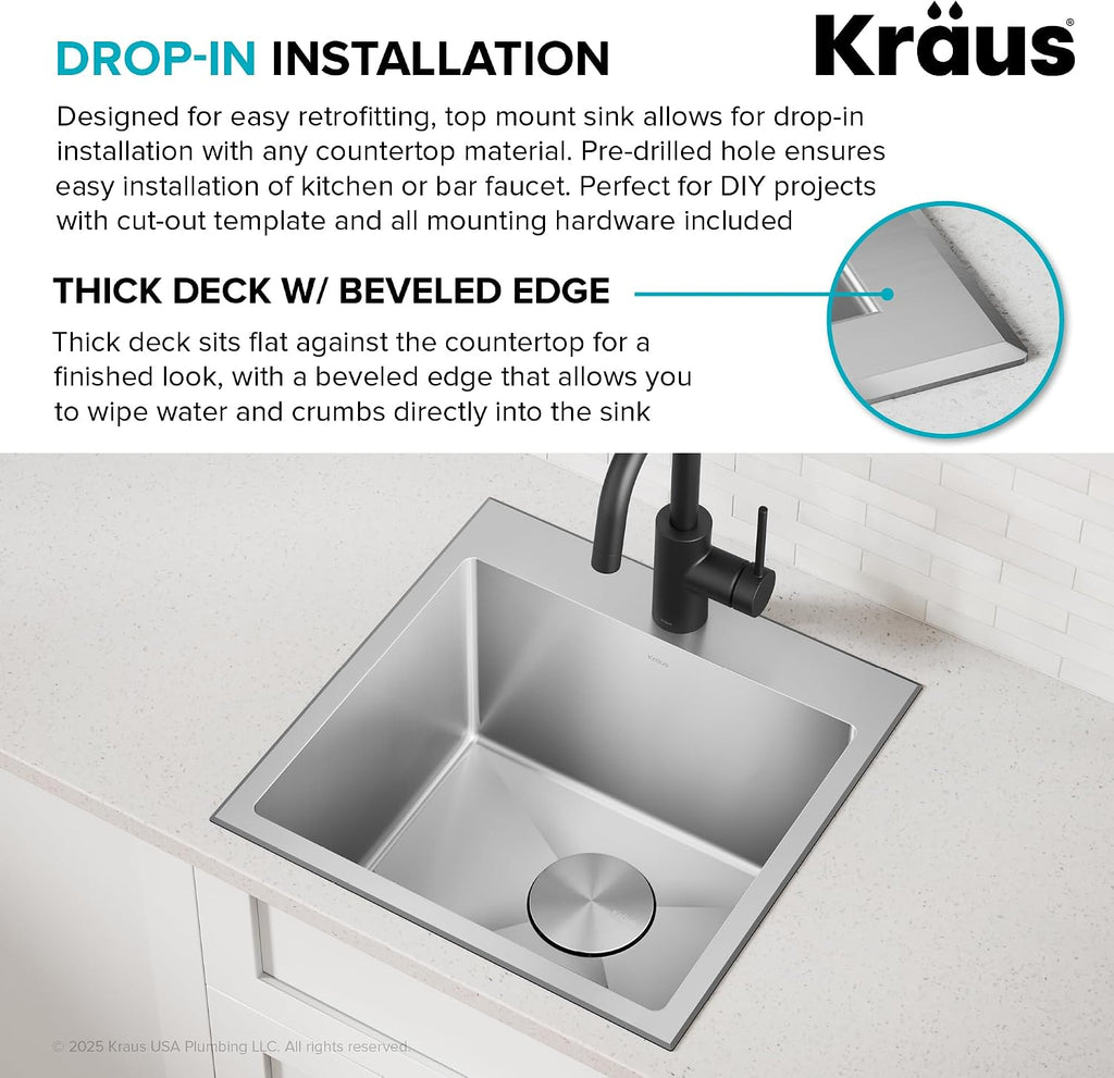 KRAUS 18 x 18 inch Standart PRO™ Drop-In Top Mount 16 Gauge Single Bowl 1-Hole Stainless Steel Kitchen Sink Set (5 Item Bundle: Sink, Bottom Grid, Drain Assembly, Drain Cap, Kitchen Towel), KHT301-18