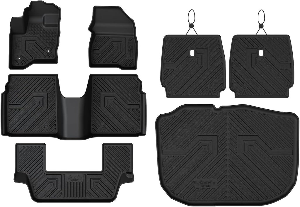 LASFIT All Weather Floor Mat Set for 2009–2019 Ford Flex & 2010–2019 Lincoln MKT – 3 Rows Custom Fit Floor Mats + Cargo Liner & Seat Back Protectors – Premium TPE Interior Full Coverage Protection
