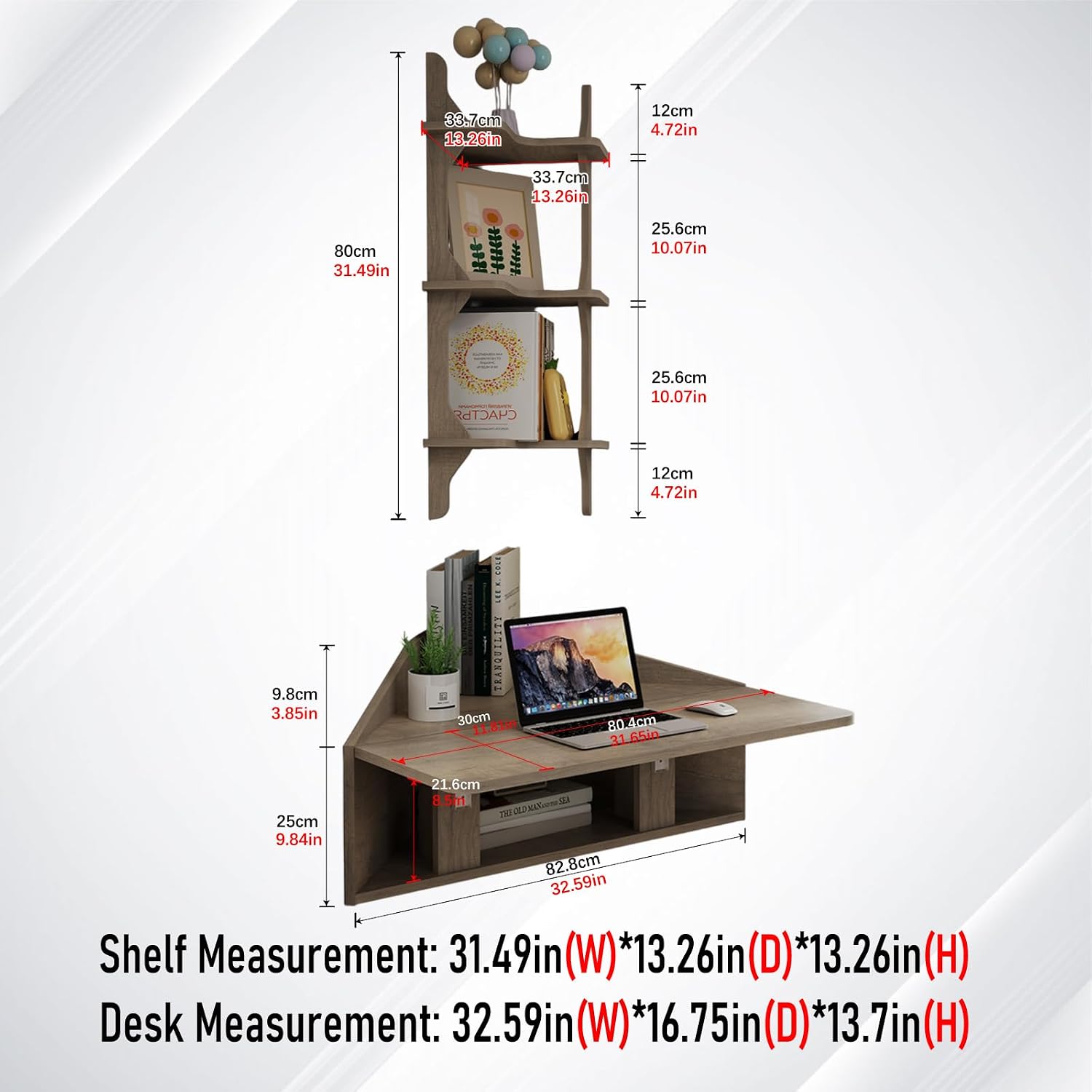 Pmnianhua Floating Corner Desk,Wall Mounted Table with Shelves,Folding Corner Shelf,Wall Corner Shelf for Small Space Computer(Rustic Grey)