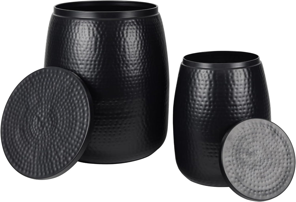 happimess SSL2002A-2SET Merida Modern Rustic 2-Piece Hammered Metal Drum Storage Side Tables with Lids, End Table for Decoration in Living Room, Bedroom, Bathroom, Matte Black