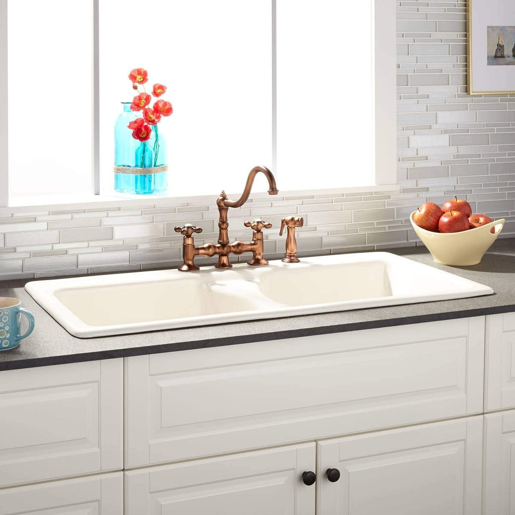 Signature Hardware 424857 Selkirk 43' Drop In Double Basin Cast Iron Kitchen Sink with 4 Faucet Holes at 8' Centers