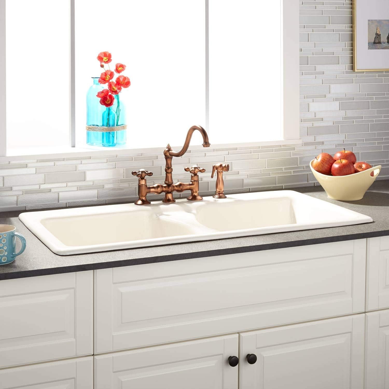 Signature Hardware 424857 Selkirk 43' Drop In Double Basin Cast Iron Kitchen Sink with 4 Faucet Holes at 8' Centers