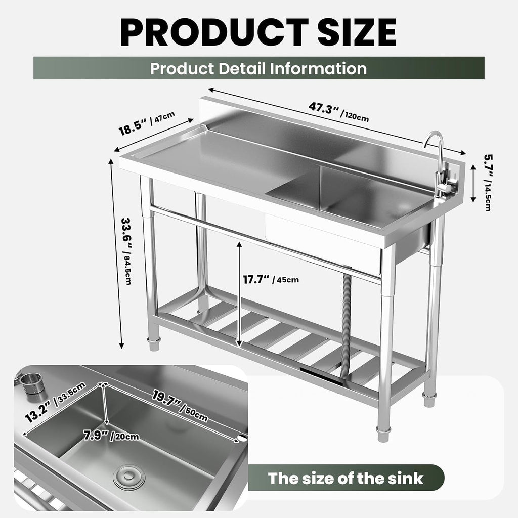 304 Stainless Steel Commercial Triple Bowl Sinks with 20' L x 13' W x 8' D Bowl, 47.3 inch Free Standing Sink Station, Restaurant Sink for Home Bar Restaurant Loading 286 Lbs