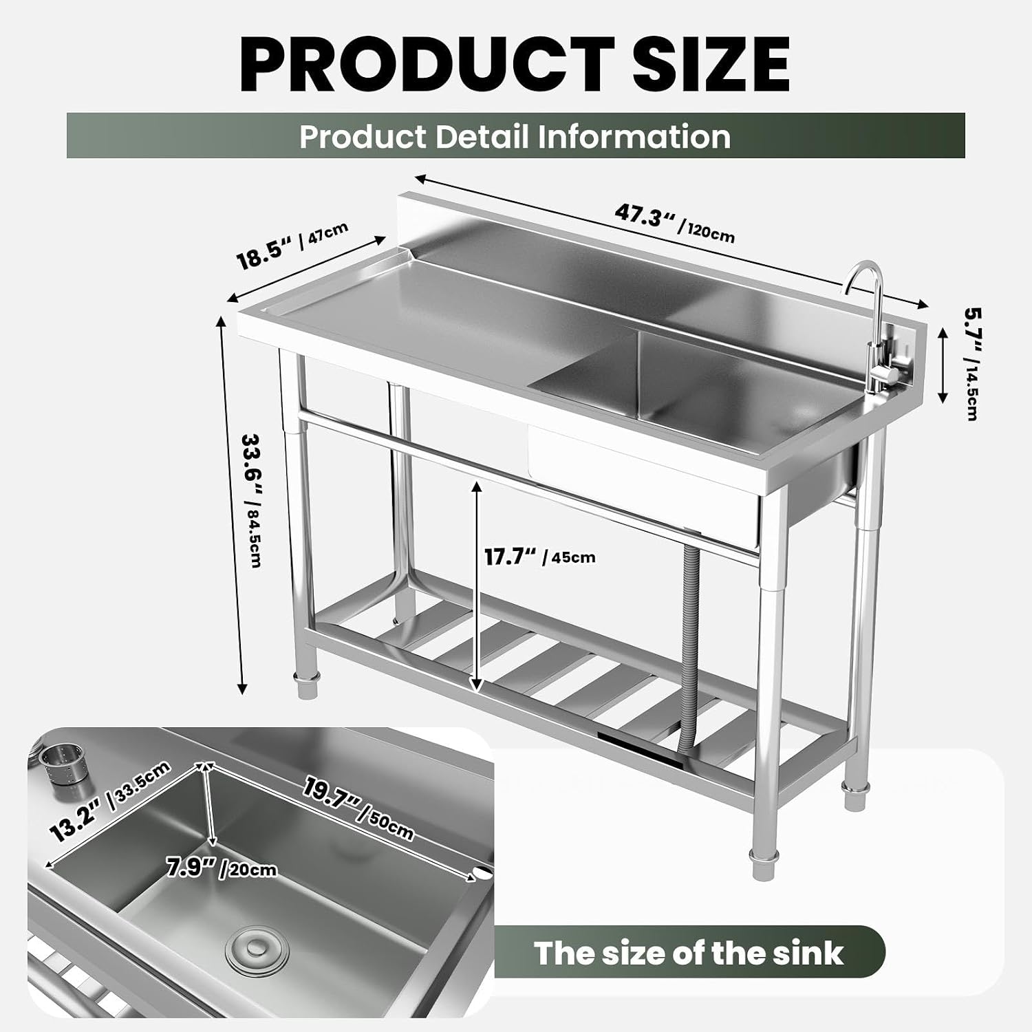 304 Stainless Steel Commercial Triple Bowl Sinks with 20' L x 13' W x 8' D Bowl, 47.3 inch Free Standing Sink Station, Restaurant Sink for Home Bar Restaurant Loading 286 Lbs