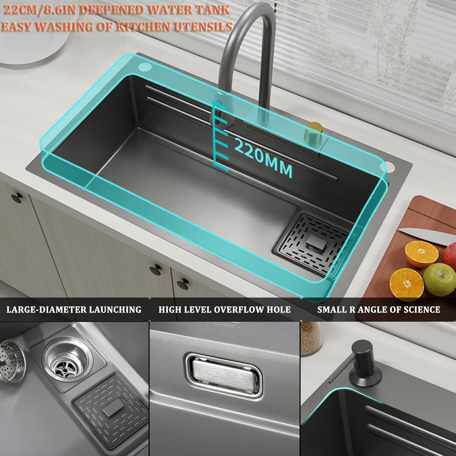 304 Stainless Steel Kitchen Sink Multi-Function Bar Sink Single Bowl Rv Sink with Faucet and Cup Washer Drop in Or Under Mount (Color : Grey, Size : 68x45x22cm) (Gun Grey 68x45x22cm)