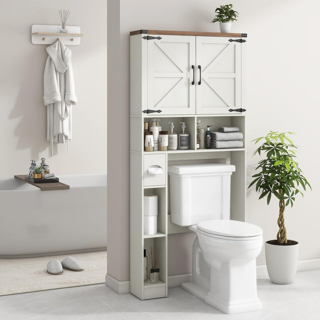 Vabches Over The Toilet Storage Cabinet, Farmhouse Storage Cabinet Over Toilet with 2 Barn Doors && Toilet Paper Holder Stand，Home Space-Saving Toilet Rack, for Laundry, Restroom, Bathroom