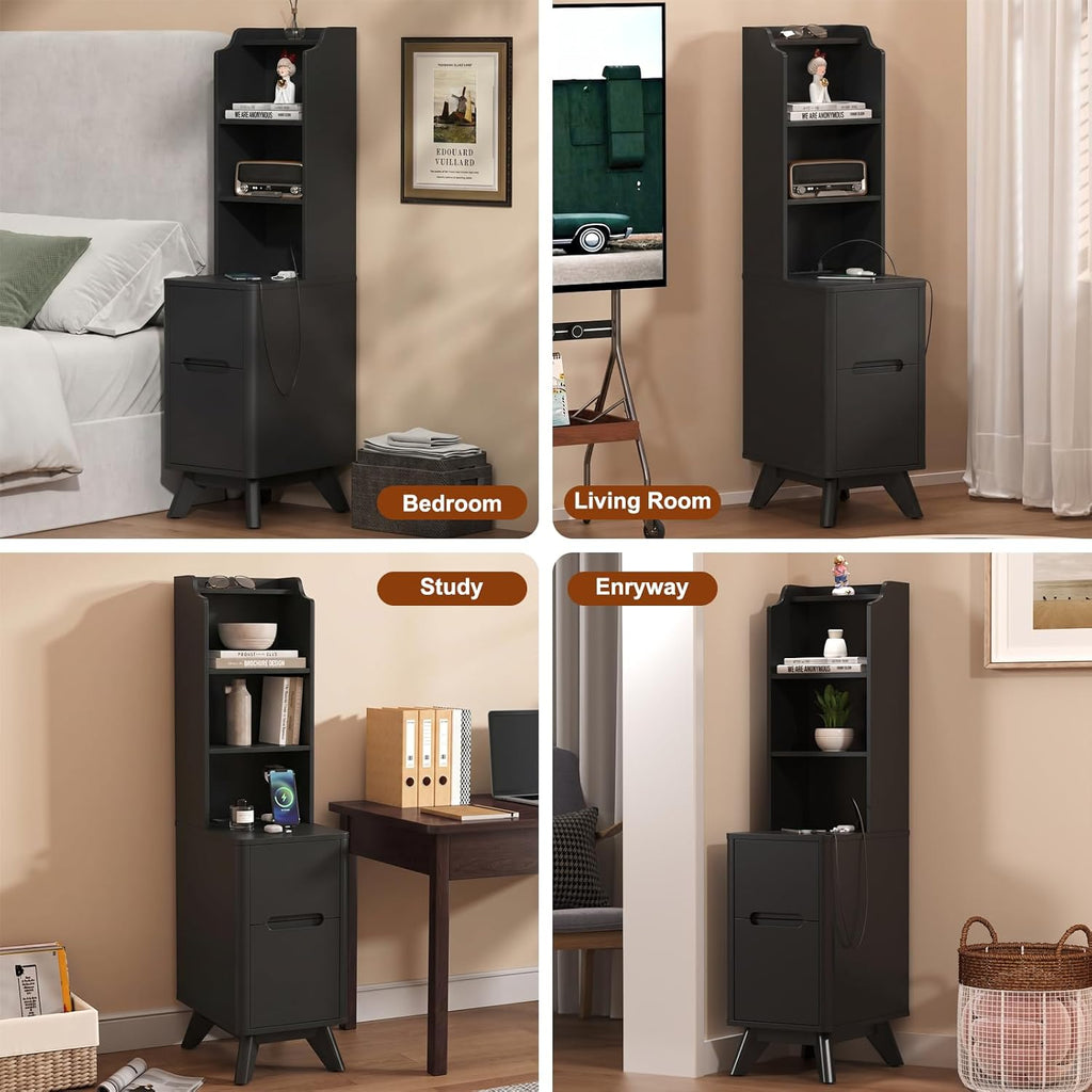 Tall Nightstand with Charging Station, Narrow Side Table with Bookshelf, 47' Tall Free Standing Wooden Night Stand with 2 Drawers and 4 Open-Shelves, Modern End Bedside Table for Bedroom, Black