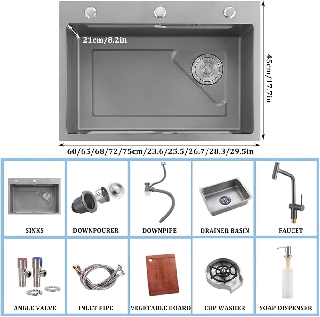 304 Stainless Steel Single Bowl Kitchen Sink Multi-Functional Bar Sink Nano RV Sink with Faucet and Cup Washer Top Mount Or Undermount (Color : Gray, Size : 65x45x21cm) (Gray 60x45x21cm)