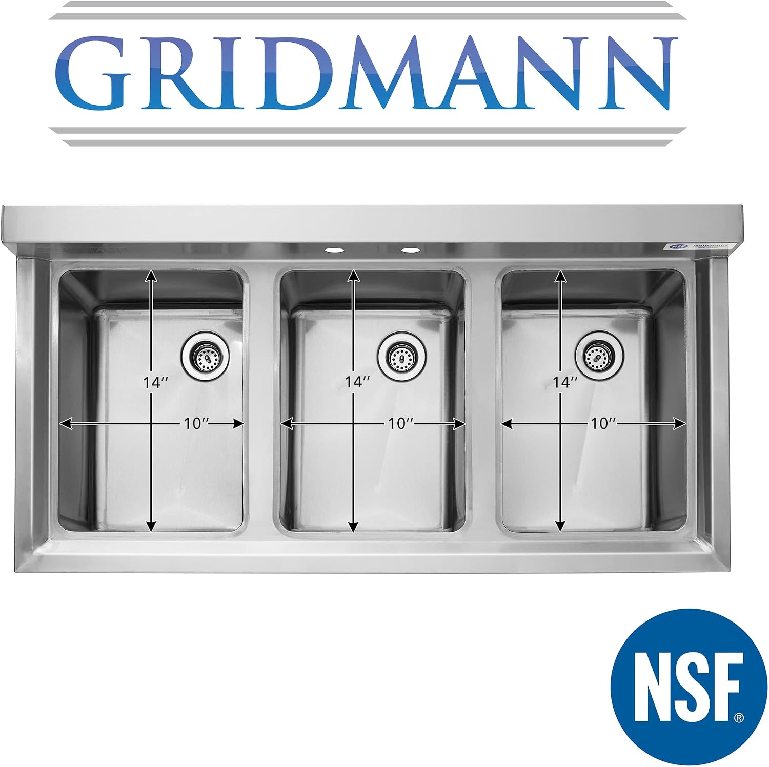 GRIDMANN 3 Compartment Stainless Steel Bar Sink, NSF Commercial Kitchen Underbar Sink with 10' L x 14' W x 10' D Bowls for Restaurant, Laundry, Garage