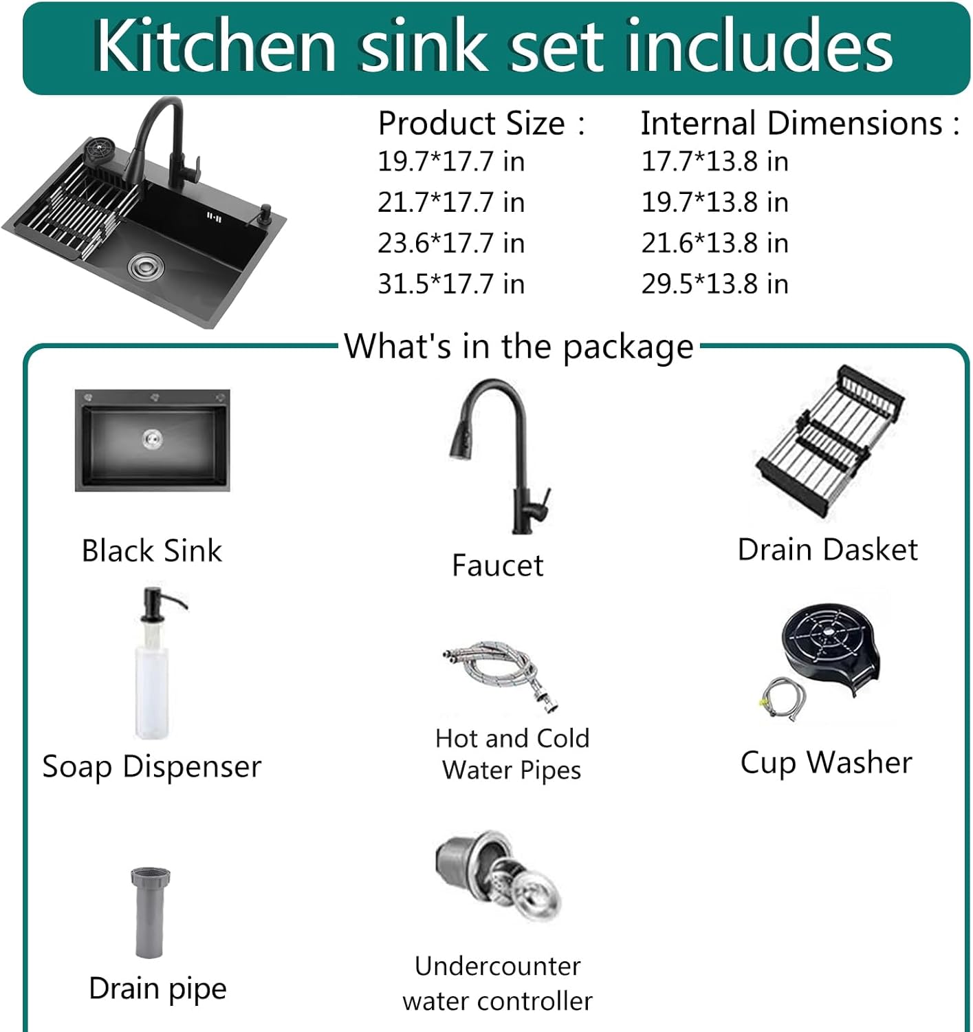 Black Kitchen Sink with Faucet, Top Mount/Drop-In 3 Hole Single Bowl Stainless Steel Sink with Cup Washer, Soap Dispenser, Drainage kit for Bar, Kitchen, Balcony (19.7 * 17.7in)