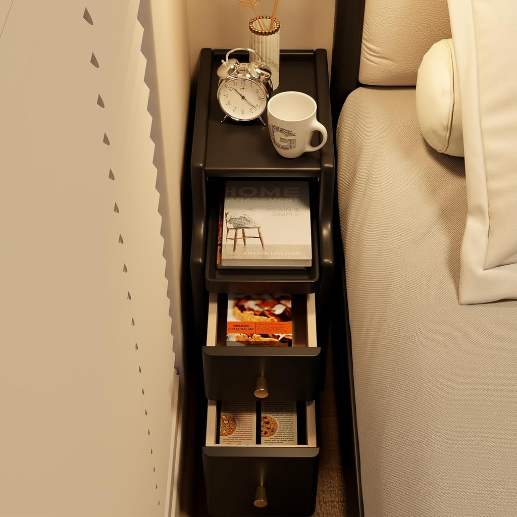 AQIMUELE Small Nightstand with Drawers, Solid Wood Narrow Bedside Table, Narrow Nightstand for Bedroom