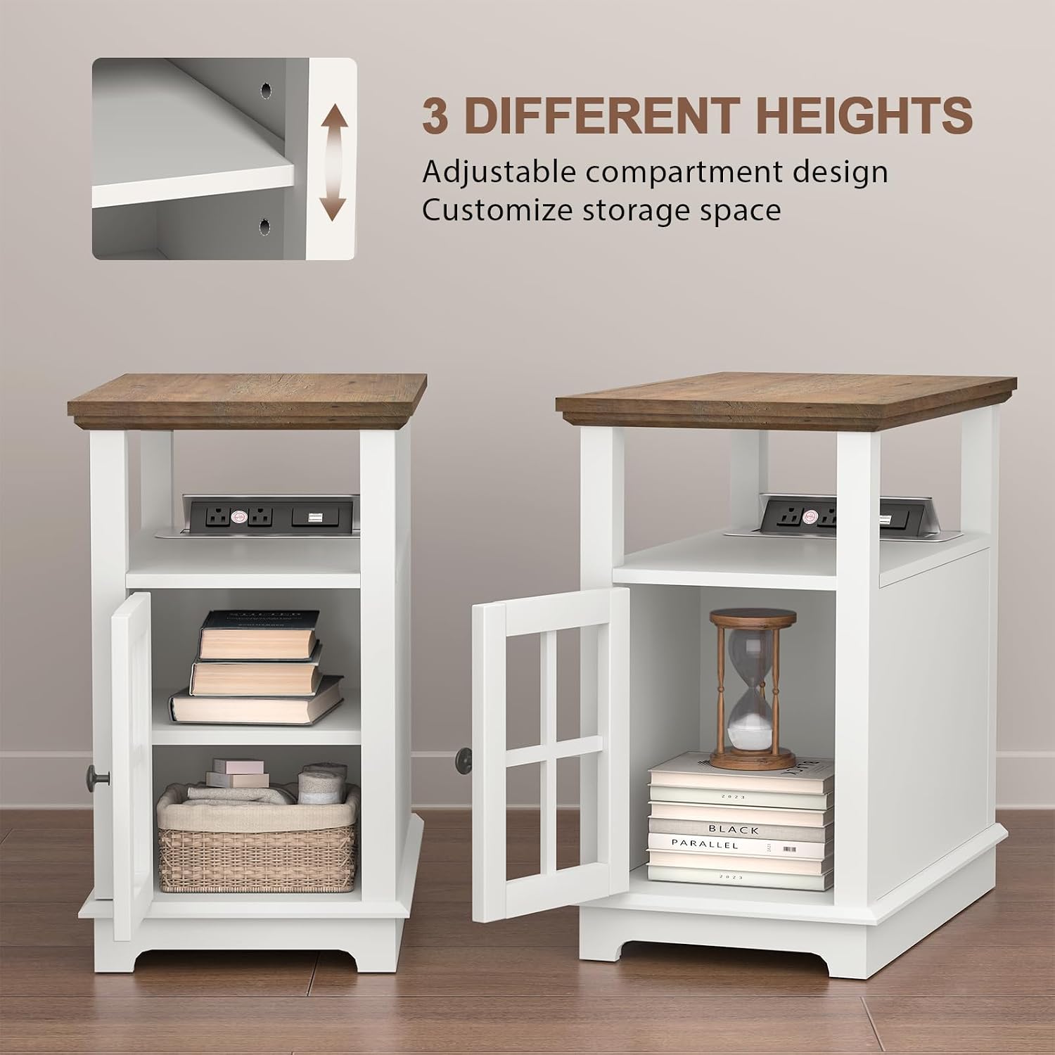 HIFYOBRO End Table with Charging Station Set of 2, Type-C & USB Ports & Outlets, Adjustable Shelf for Storage in Living Room, Bedroom, Home Office