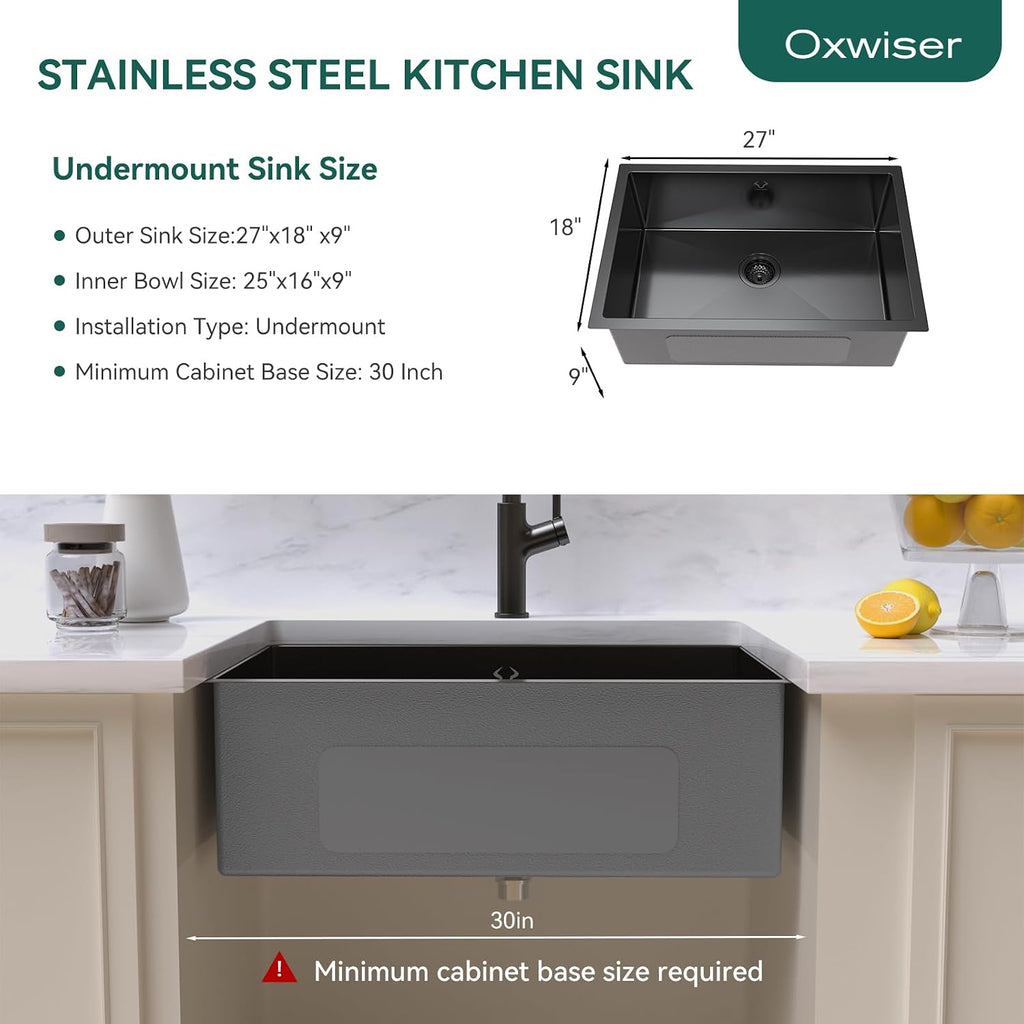 Kitchen Sink 27x18 Inch Undermount Kitchen Sink Gunmetal Black 16 Gauge Stainless Steel Single Bowl with Accessories Round Corners Handmade