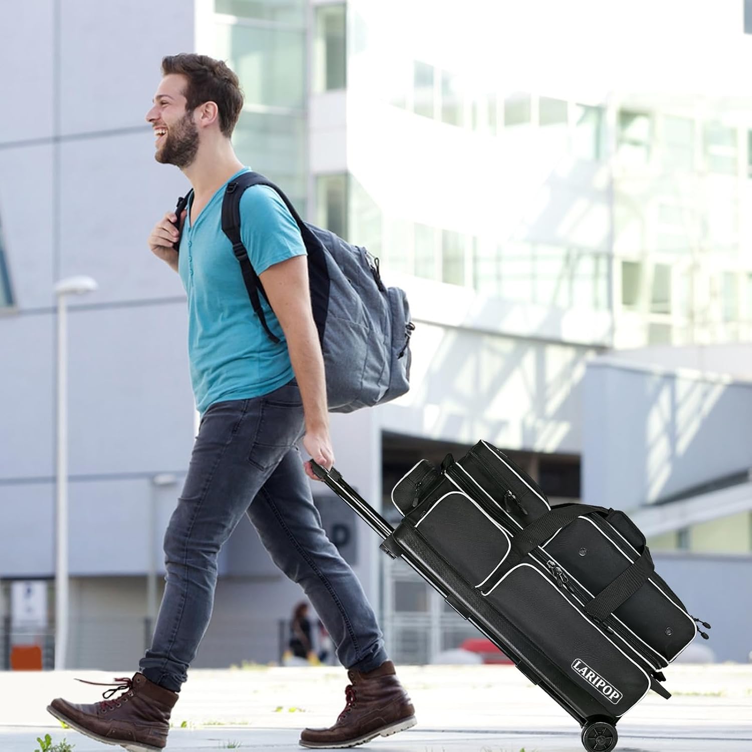 LARIPOP 3 Ball Bowling Bag with Wheels and Shoe Compartment, Rolling Bowling Bag for 3 Balls, Heavy Duty Bowling Roller Bag with Retractable Handle for Men Women