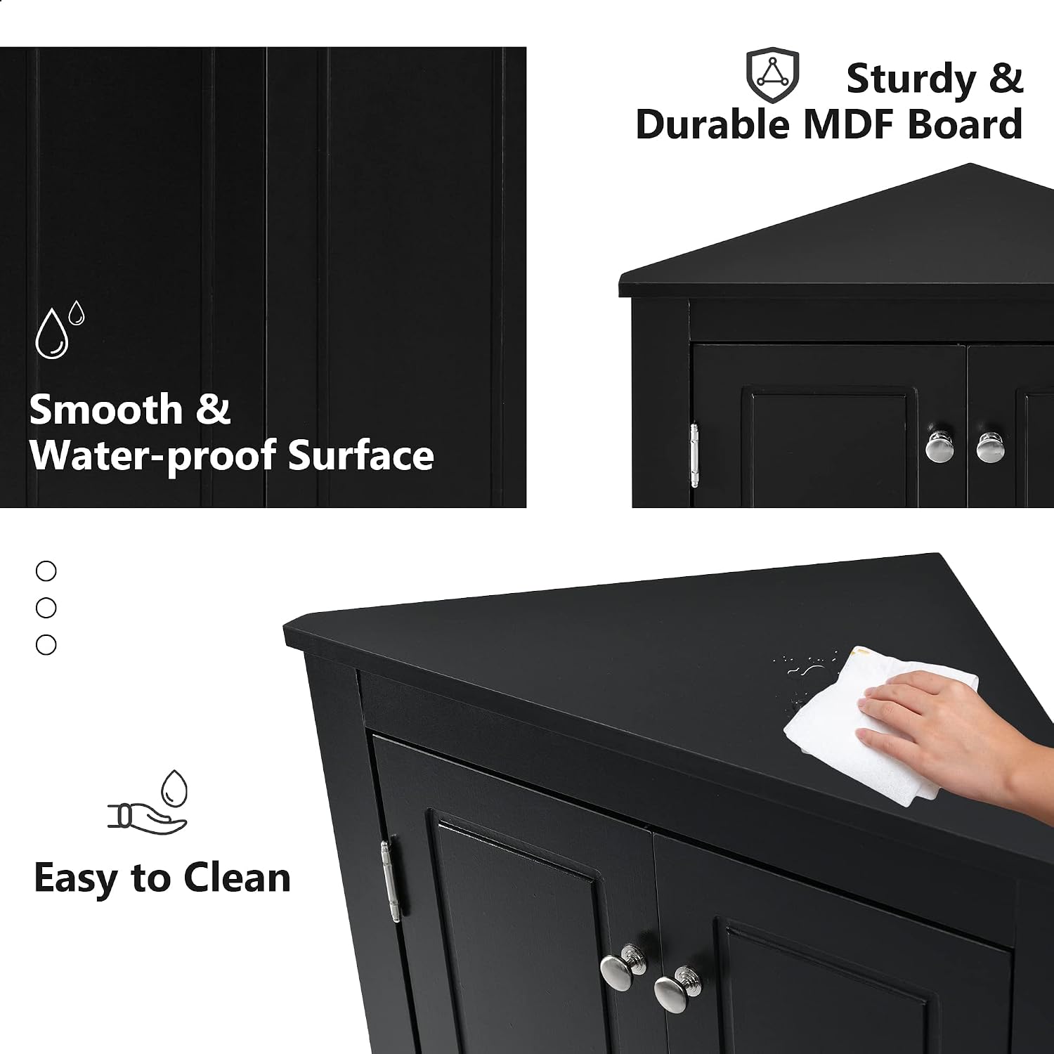 Corner Cabinet with Adjustable Shelves and Doors, Freestanding Bathroom/Kitchen/Living Room Floor Storage Organizer, MDF Boards