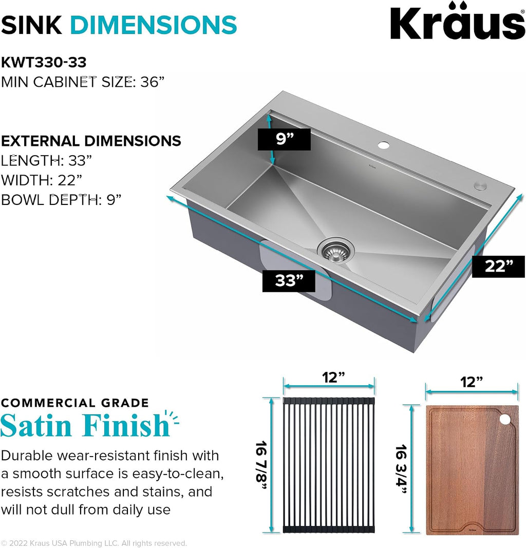 KRAUS Kore 33-in Drop-In Workstation 16 Gauge Stainless Steel Single Bowl Kitchen Sink with Accessories