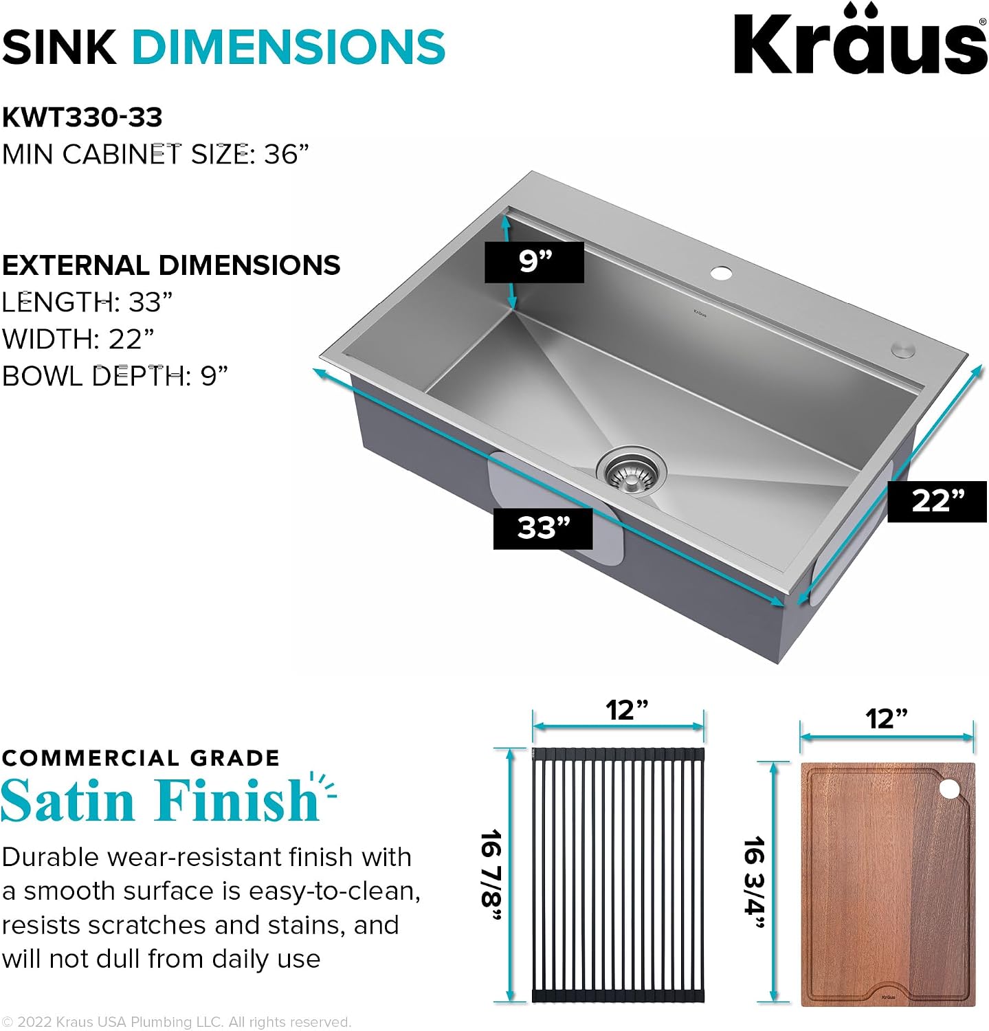 KRAUS Kore 33-in Drop-In Workstation 16 Gauge Stainless Steel Single Bowl Kitchen Sink with Accessories