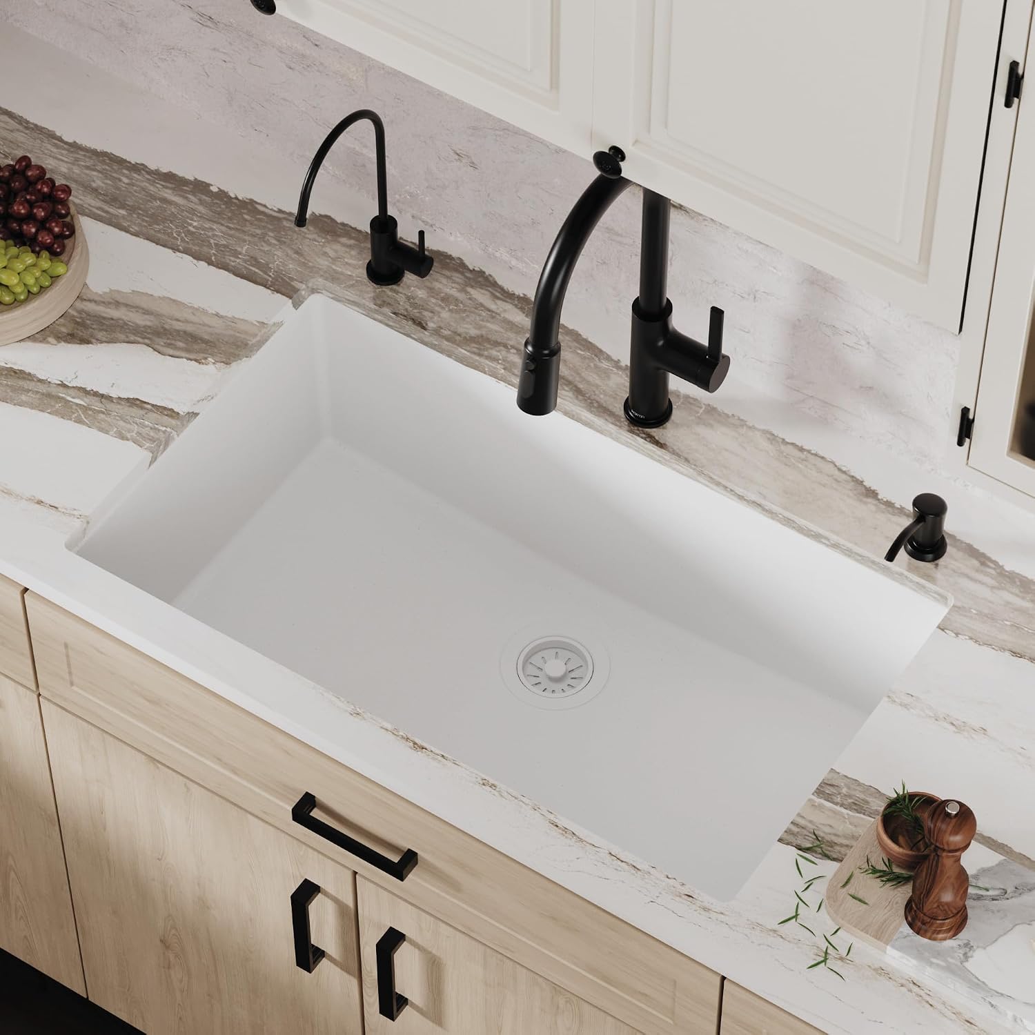 Karran 33 Inch White Undermount Single Bowl Quartz Composite Kitchen Sink, Extra Deep 9' Basin, Heat Scratch and Stain Resistant, Sound Dampening, Rear Drain Design – QU-812