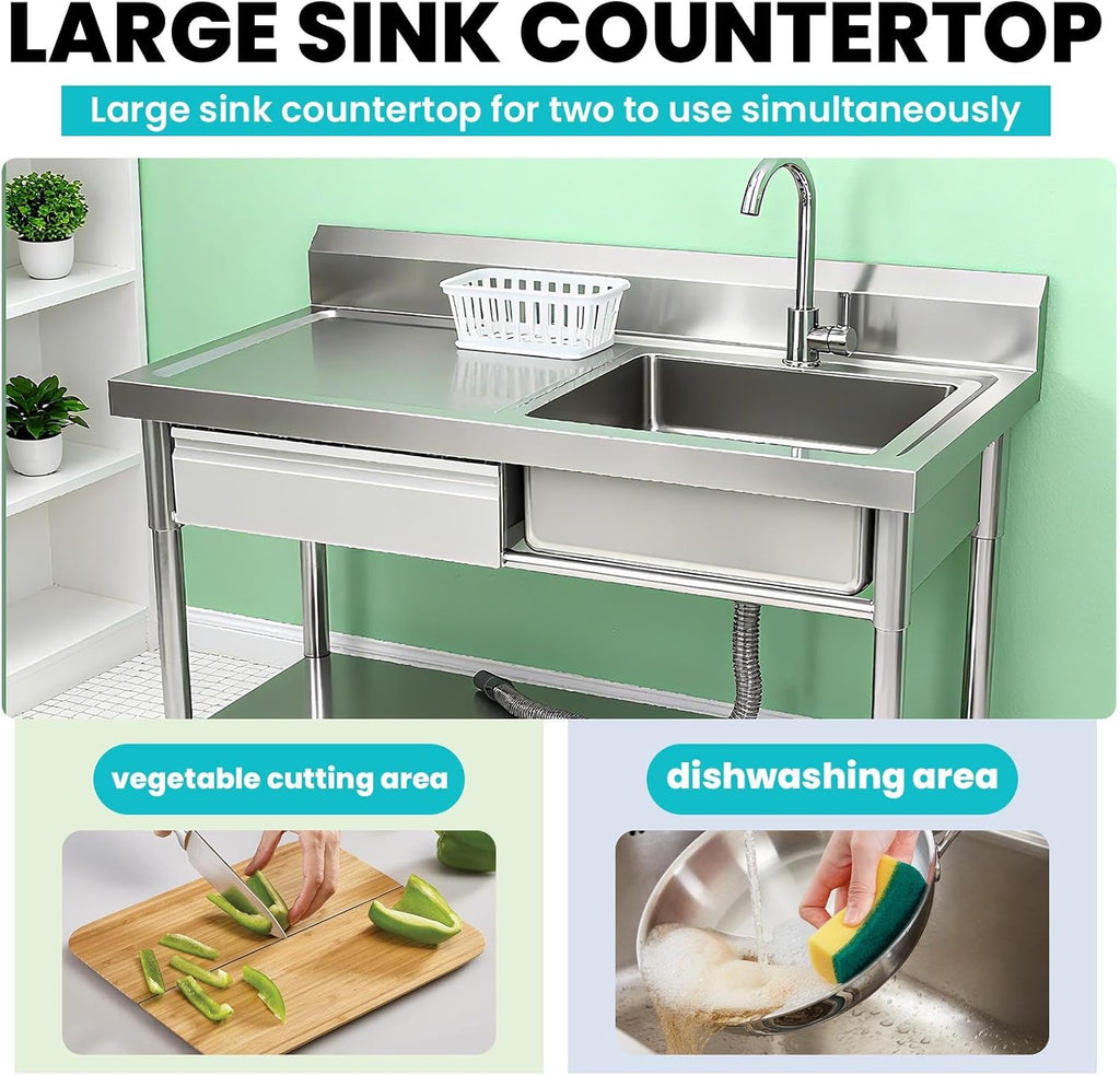 Utility Sink Stainless Steel Laundry Sink, 360 Degree Rotating Faucet, Hot And Cold Water Functions for Garage Kitchen Bathroom Laundry Use (Single Bowl 40'' Sink with Drawer and Workbench)