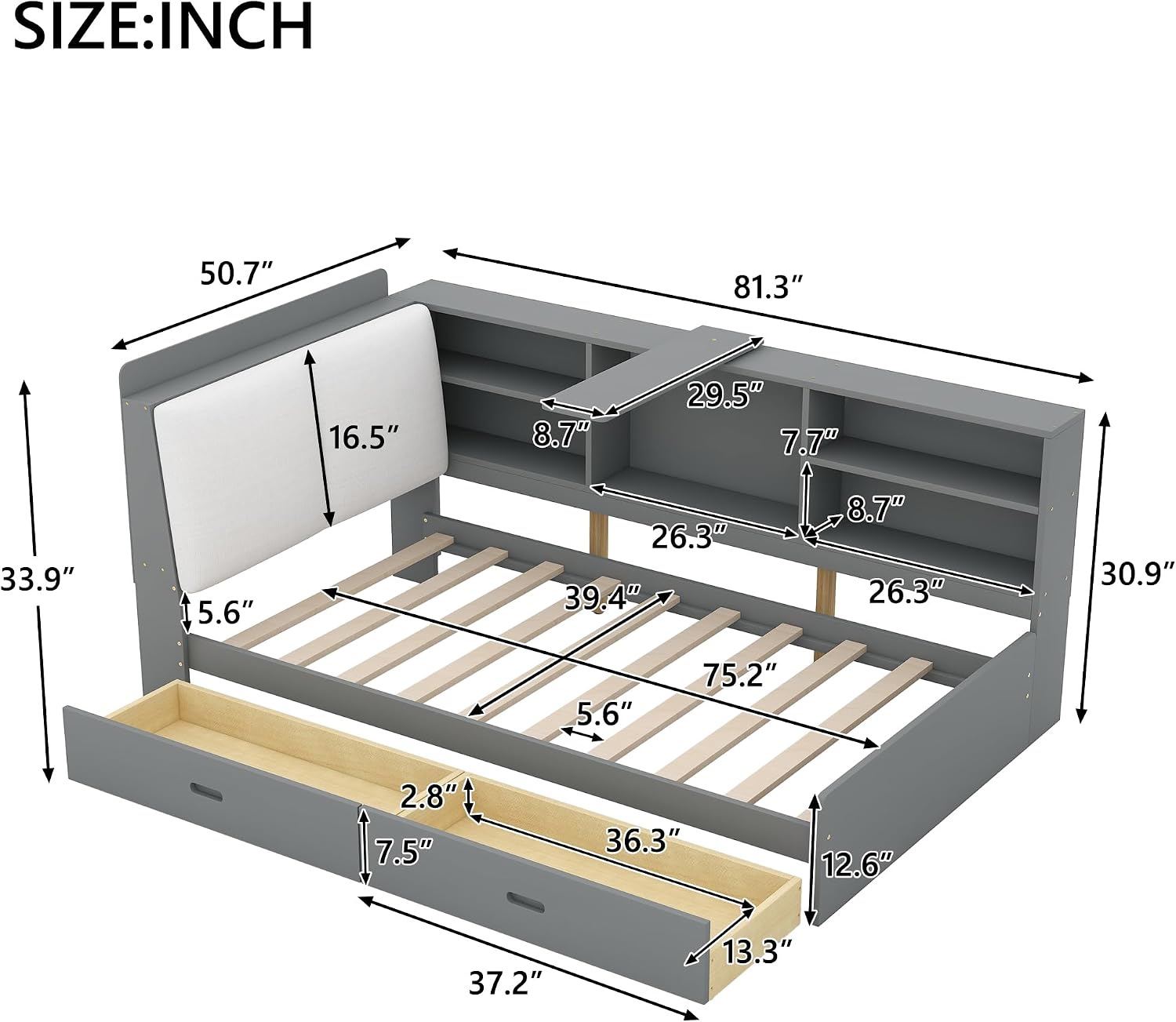 Merax Twin Size Corner Bed Frame with Storage and Upholsetered Headboard, Wood Kids Twin Daybed Frame with Drawers and Shelves, Twin Size Corner Daybed for Kids Room, Twin with Drawers, Grey