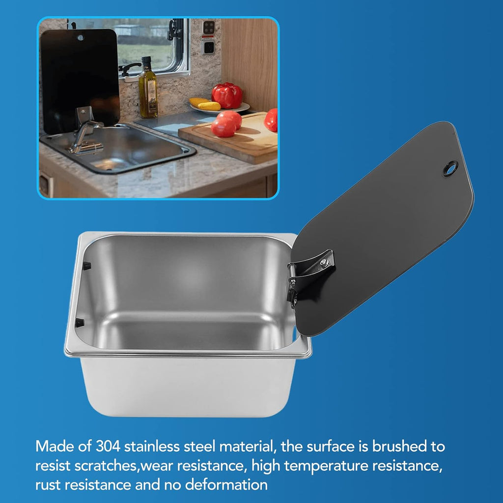 RV Kitchen Sink, Stainless Steel Single Bowl Hand Wash Basin with Tempered Glass Cover, Square Undermount Single Bowl Kitchen Sink for Camper Van Yacht
