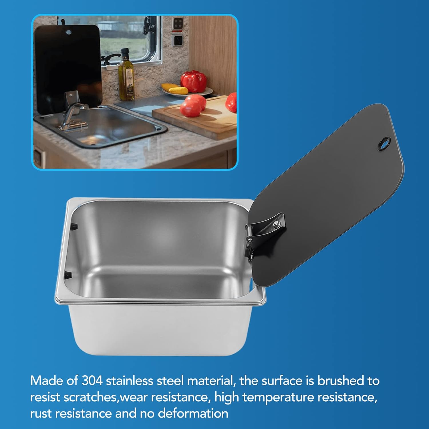 RV Kitchen Sink, Stainless Steel Single Bowl Hand Wash Basin with Tempered Glass Cover, Square Undermount Single Bowl Kitchen Sink for Camper Van Yacht
