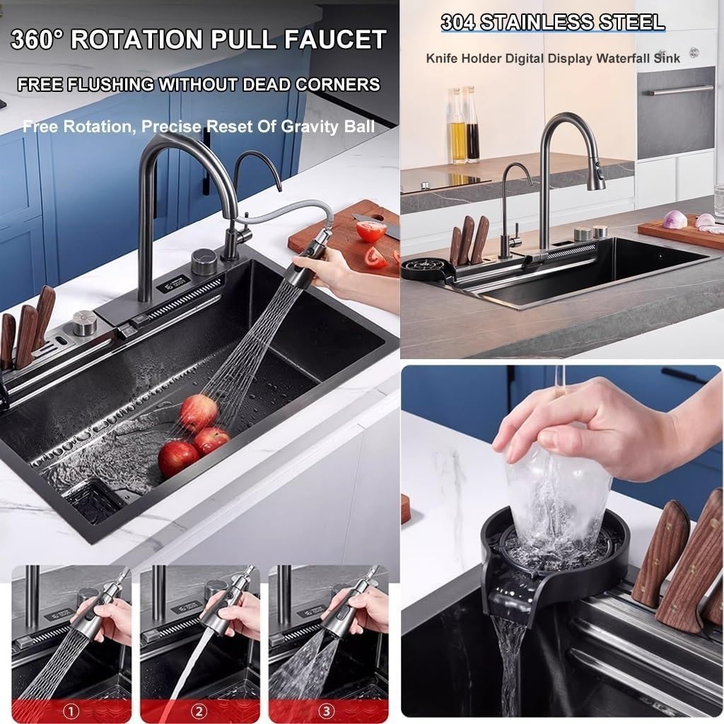 Waterfall Kitchen Sink with Three-in-one Pull-Out Faucet Single Bowl Kitchen Sink with Full Set of Accessories Stainless Steel Bar Sink with LED Digital Display Screen (Black 75x46x22cm)