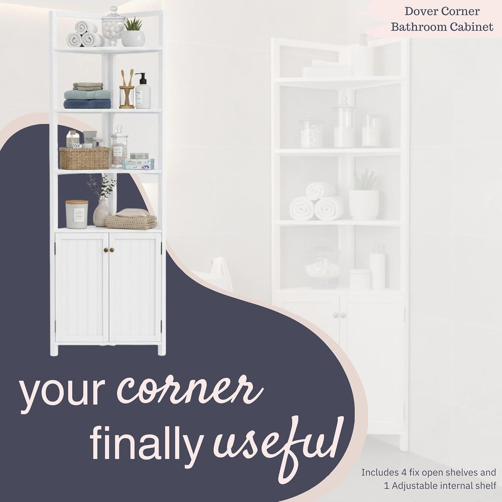 Alaterre Furniture Dover Corner Bathroom Storage Cabinet – 25' x 68' Tall Freestanding Corner Cabinet with 2 Doors, Open Shelves, Adjustable Inside Shelving, and Space-Saving Design (White)