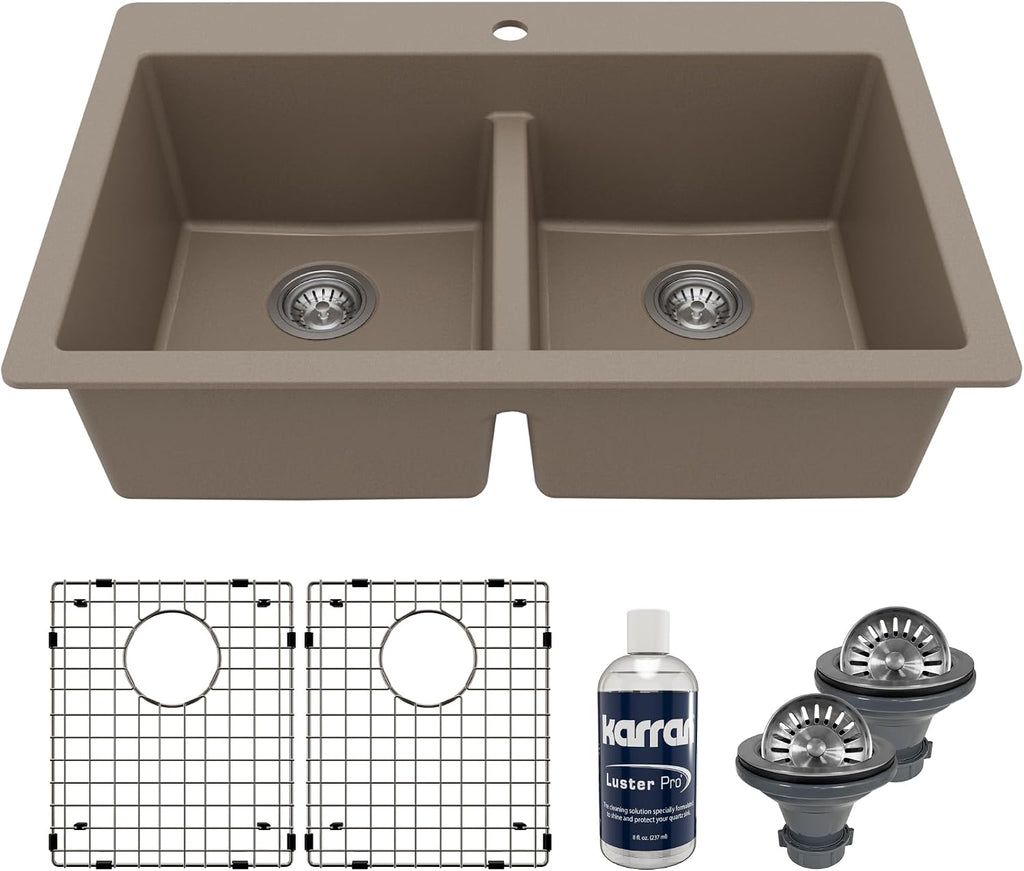 Karran QT-810 33' Top Mount Double Equal Bowl Quartz Kitchen Sink Kit in Concrete