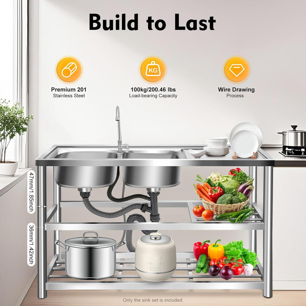 Free Standing Stainless Steel Sink, Double Bowl Commercial Restaurant Kitchen Sink Set w/Faucet Worktop Basin Double Storage Shelves Double Utility Sink Outdoor (47x17.7x31.5in-C)