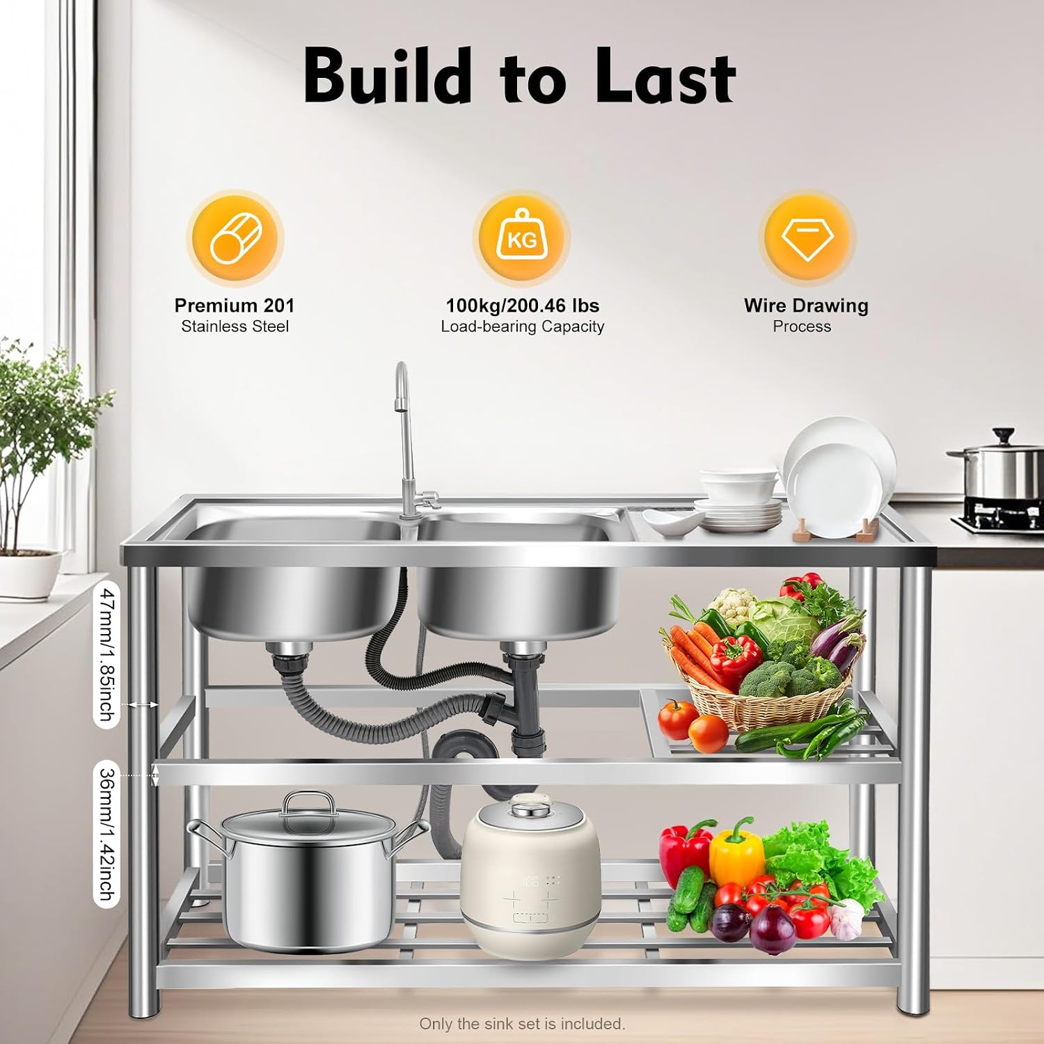 Free Standing Stainless Steel Sink, Double Bowl Commercial Restaurant Kitchen Sink Set w/Faucet Worktop Basin Double Storage Shelves Double Utility Sink Outdoor (47x17.7x31.5in-C)