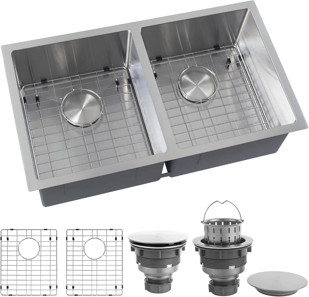 Rhbamoa Double Bowl Kitchen Sink Undermount 31 inch,16-Gauge T304 Undermount Kitchen Sink Stainless Steel,50/50 Stainless Steel Double Sinks with Accessories,Deep Sinks with Brushed Finish