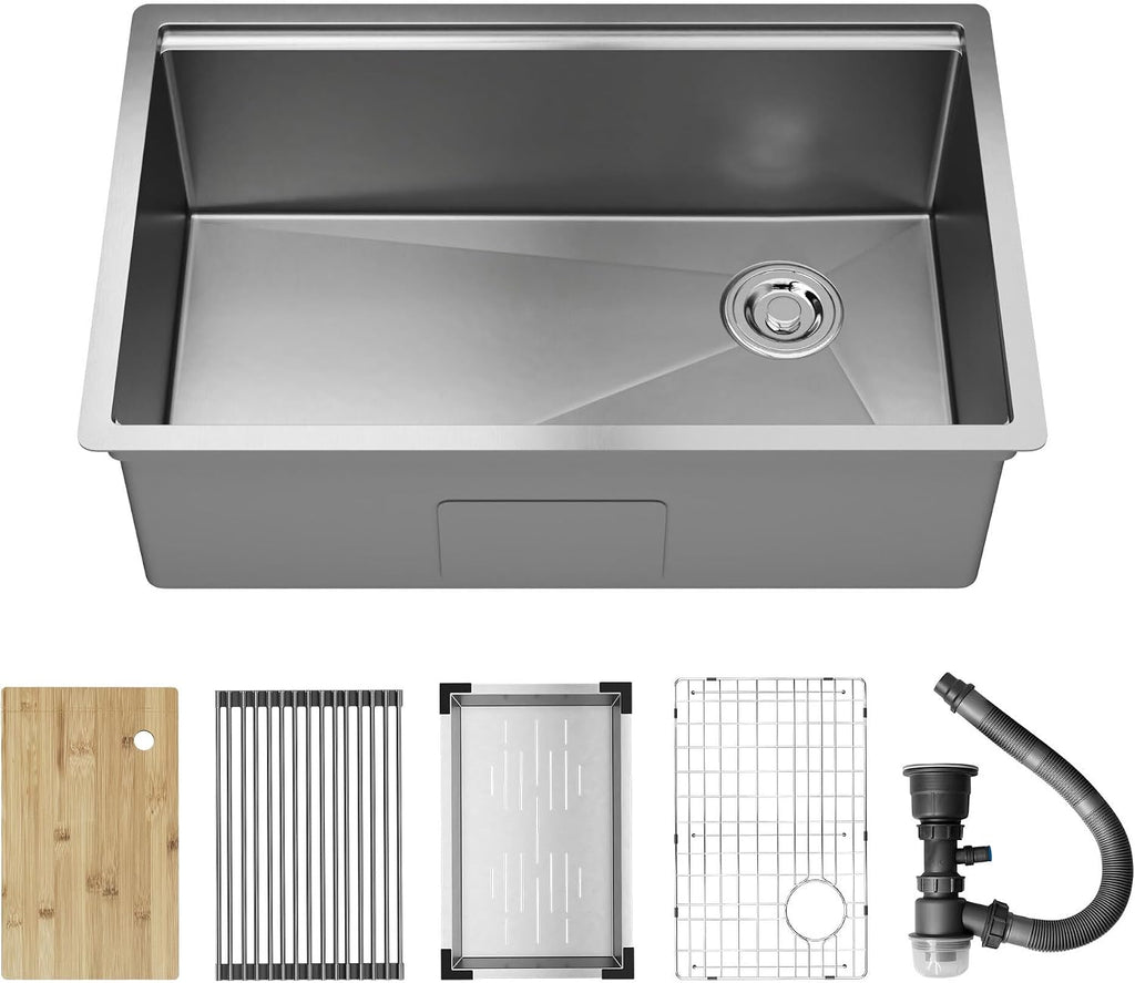DeerValley Workstation Kitchen Sink 30 Inch, 18 Gauge Stainless Steel Single Bowl Sink, Handmade with Built-In Accessories, Ledge Design & Cutting Board