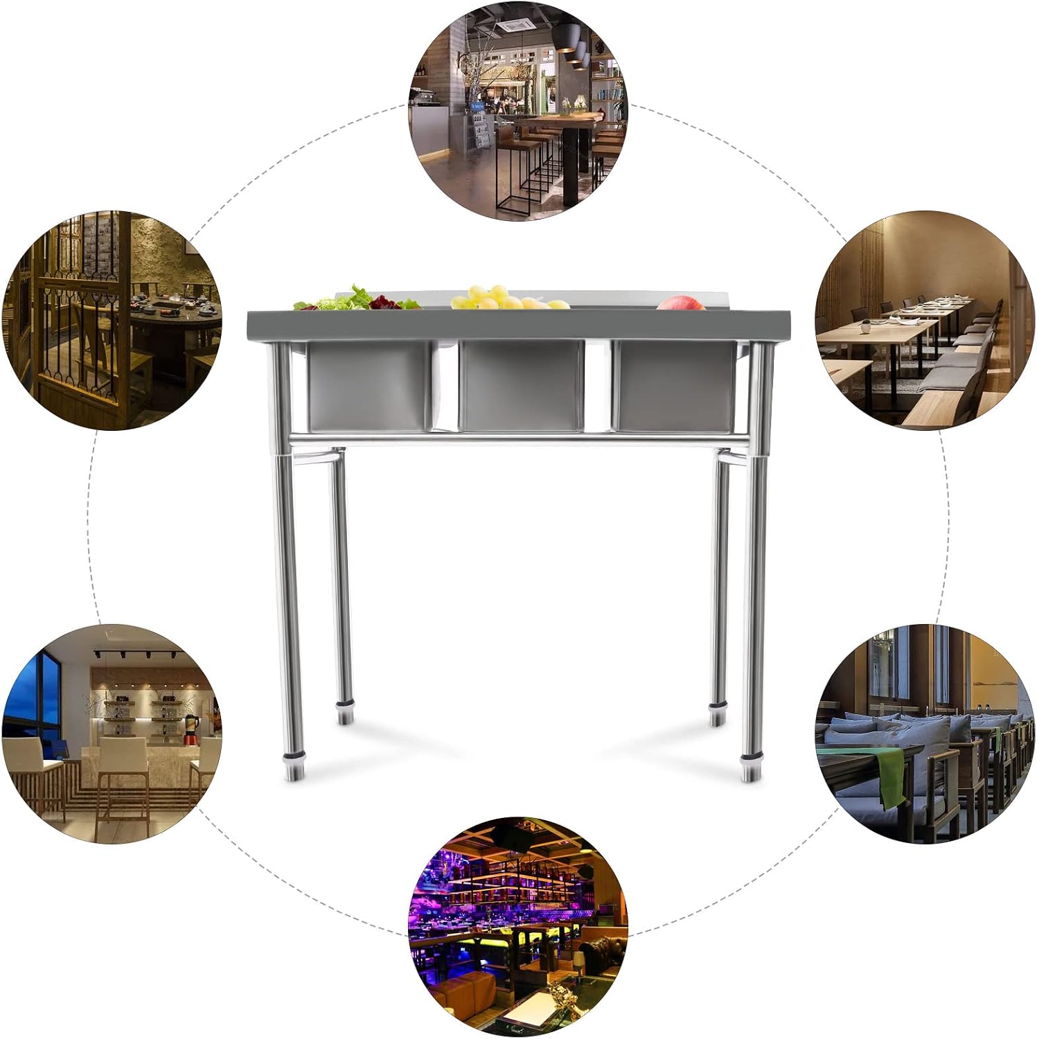 Triple Bowl Kitchen Sink, Free Standing Stainless Steel Sinks with 2 Faucets Cold and Hot Water Pipe for Garages, Laundry rooms, Basements, Terraces, Bars, Kitchens, Bathrooms