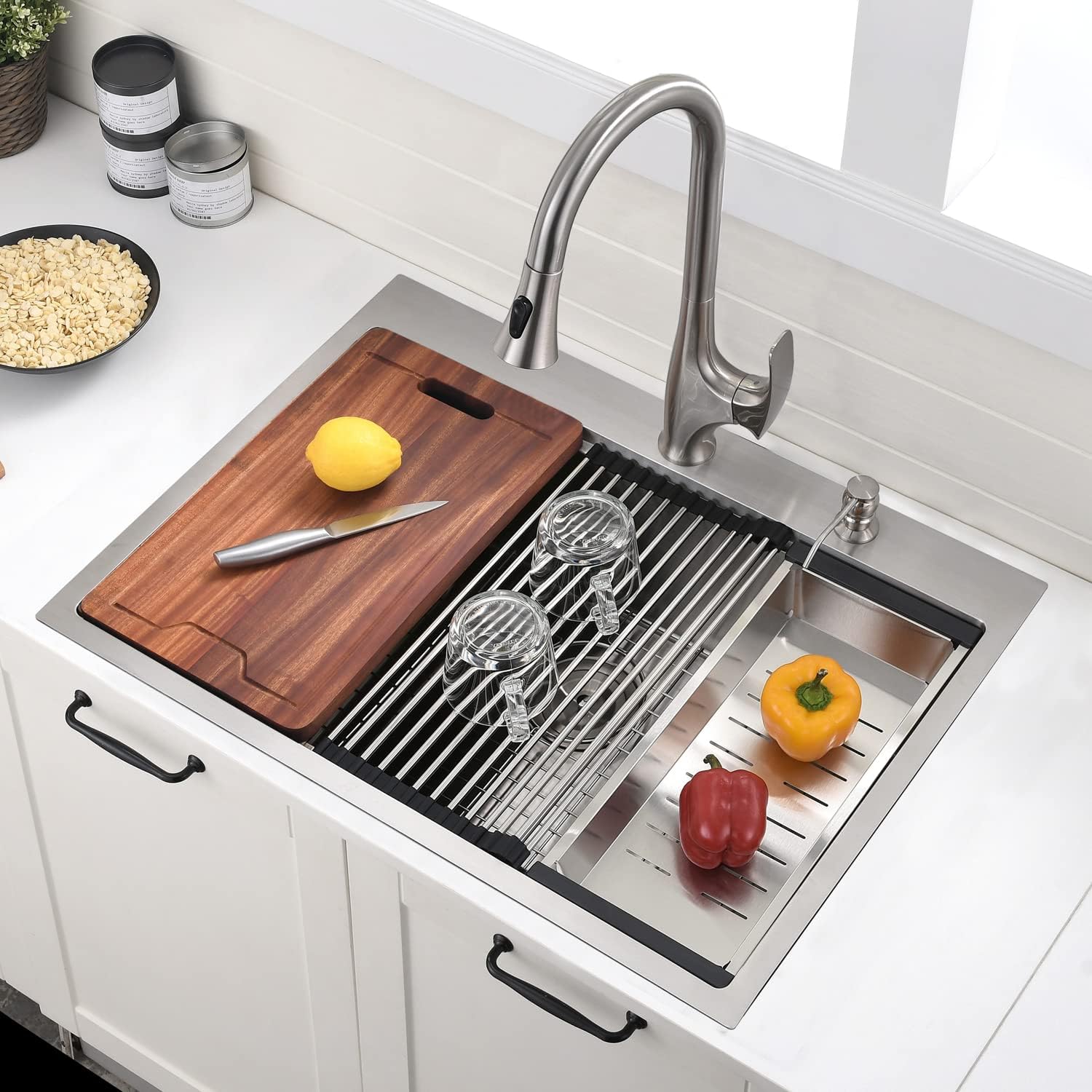 30 Inch Drop In Kitchen Sink - VOKIM 30 x22 Inch Drop In/Topmount Sink Workstation 16 Gauge Stainless Steel 10'' Deep Handmade Kitchen Sink with Cutting Board& Strainer