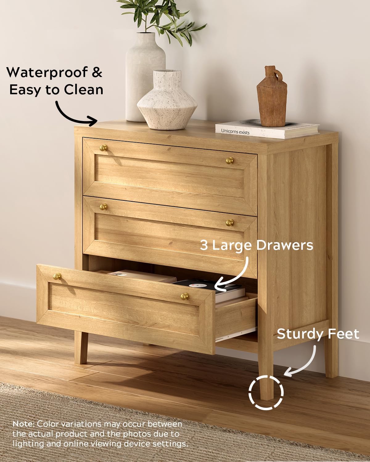 EYYTHUNG 3 Drawer Dresser Set of 2 for Bedroom, Modern Chest of Drawers with Golden Handles, Large Wood Nightstand, Storage Dresser Cabinet Side Table for Living Room, Hallway, Natural Oak