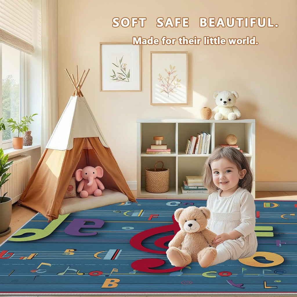 Music Note Area Rug 5x8ft, Vintage Musical Alphabet Rugs for Bedroom Living Room Classroom Nursery Playroom Game Room, Music Lovers Carpet Non Slip Washable for Boys Girls
