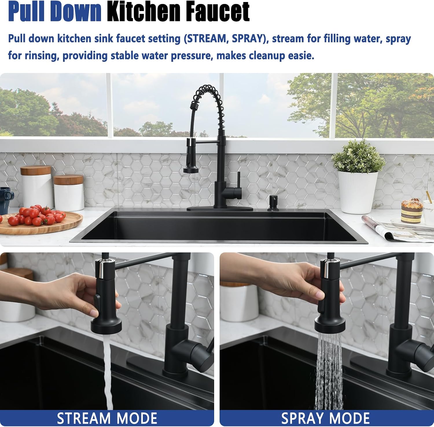 33x19 Black Drop In Kitchen Sink with Faucet - 33 Inch Drop In Kitchen Sink Workstation, 10 Inch Deep Black Stainless Steel Single Bowl Sinks with Accessories