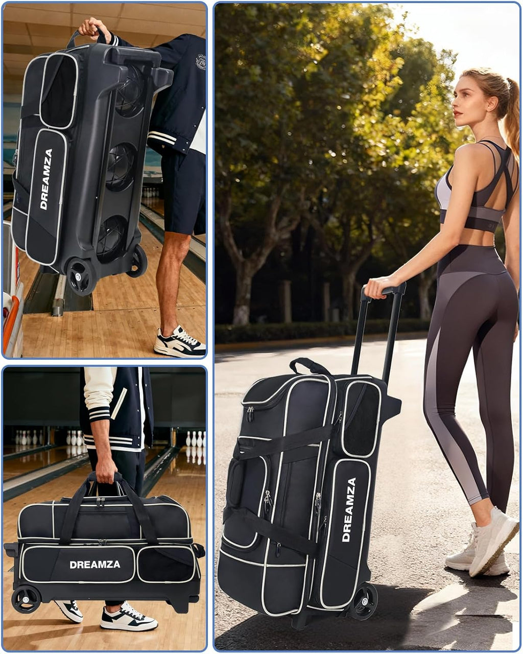 3 Ball Bowling Bags with Wheels & Shoe Pocket, Premium Bowling Ball Bag 3 Ball Roller, Effortless-Rolling 3 Ball Bowling Bag w/Multi-Storage Pockets & Telescopic Handle Extends to 40''