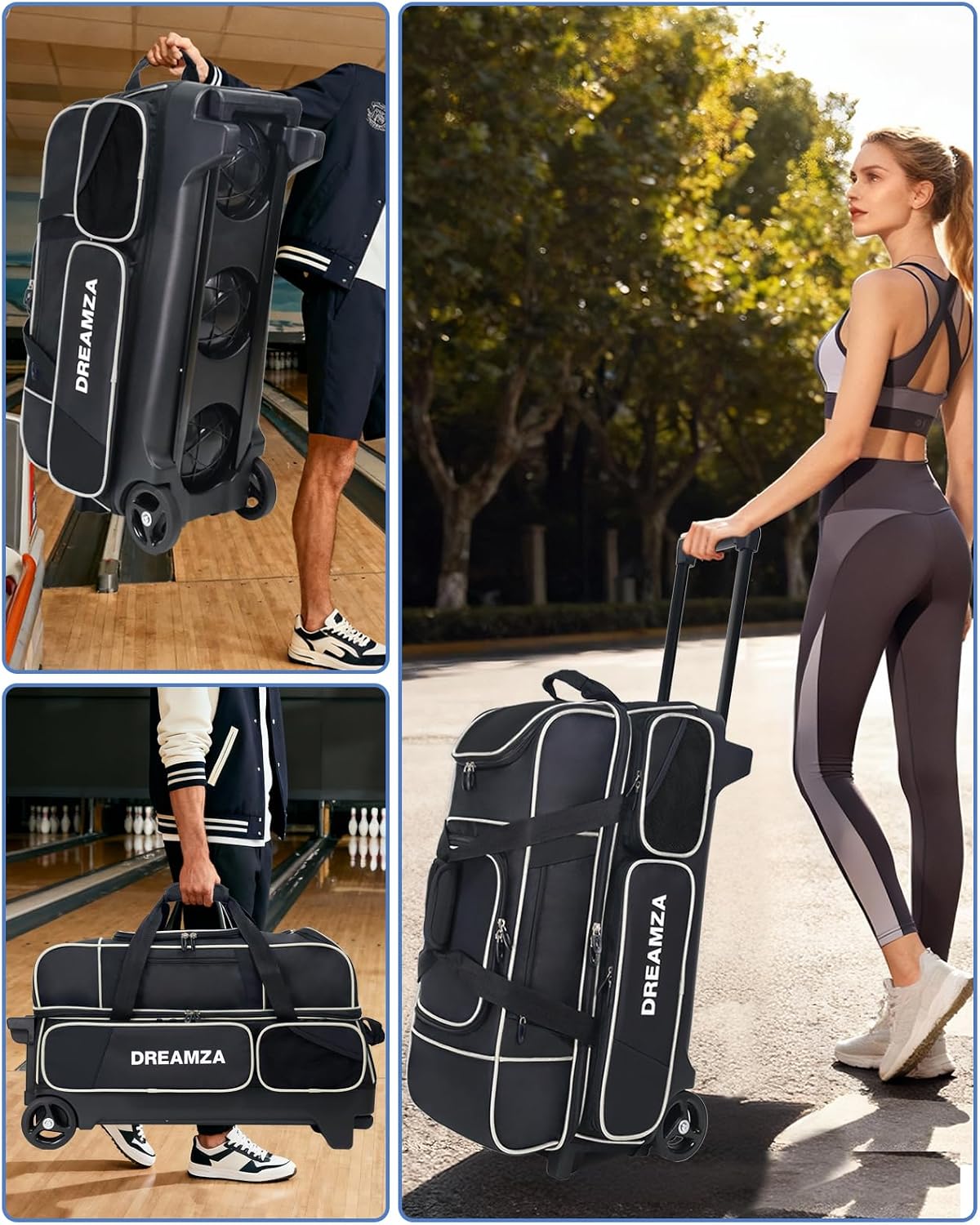 3 Ball Bowling Bags with Wheels & Shoe Pocket, Premium Bowling Ball Bag 3 Ball Roller, Effortless-Rolling 3 Ball Bowling Bag w/Multi-Storage Pockets & Telescopic Handle Extends to 40''