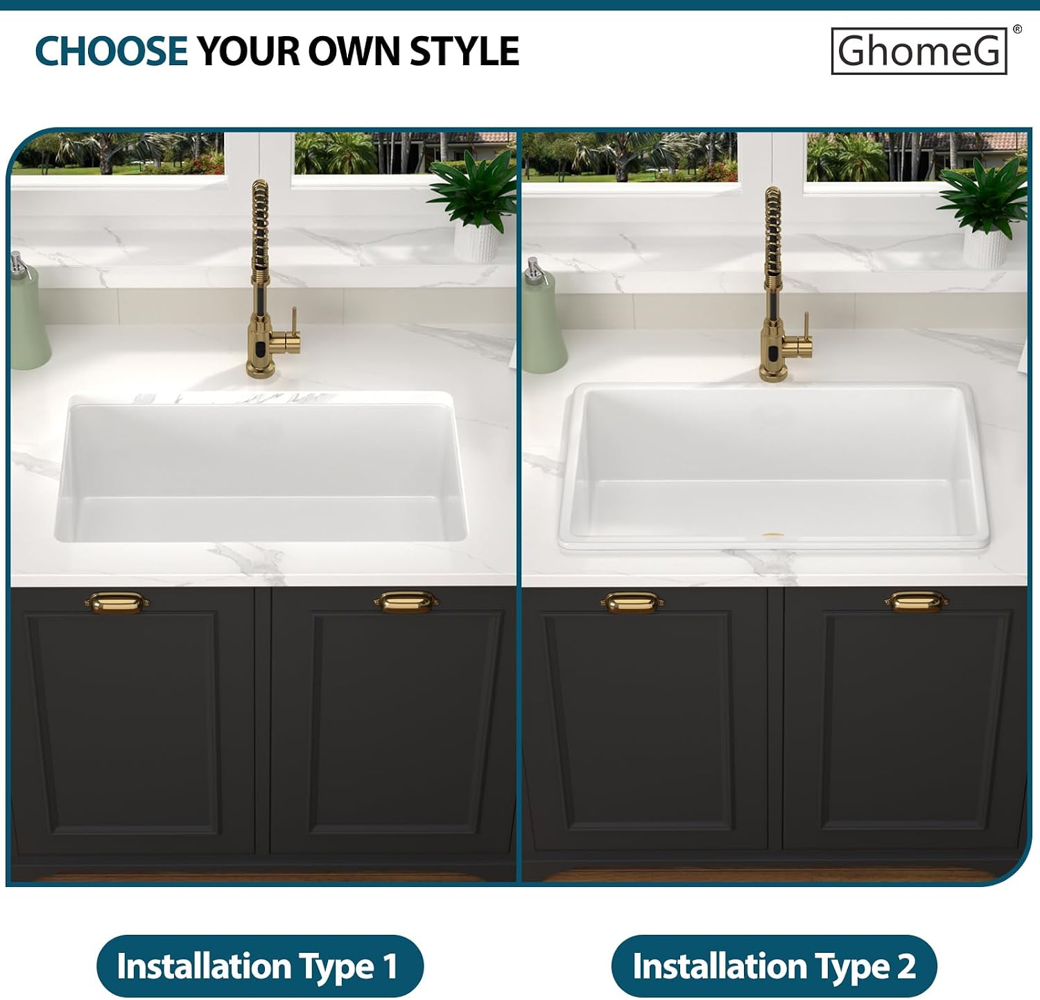 White Undermount Kitchen Sink 30 Inch Porcelain White Kitchen Sink 30'x18'x10' Dual Mount Single Bowl Ceramic Kitchen Sinks - Gold Drain Set