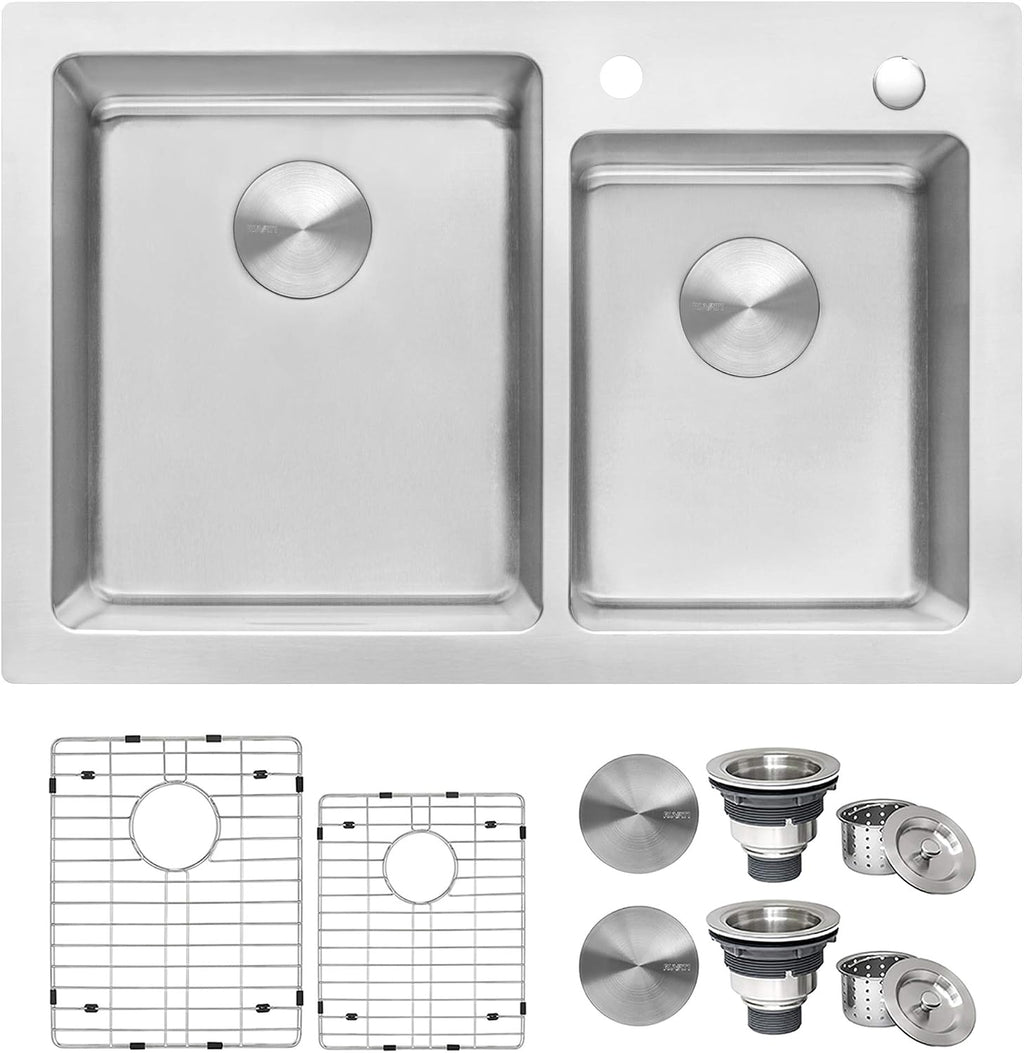 Ruvati 33 x 22 inch Drop-in Topmount Kitchen Sink - 16 Gauge Stainless Steel 60/40 Double Bowl Kitchen Sink with Brushed Finish hides scratches, Easy-to-Clean Drop-in kitchen Sink - RVM5166